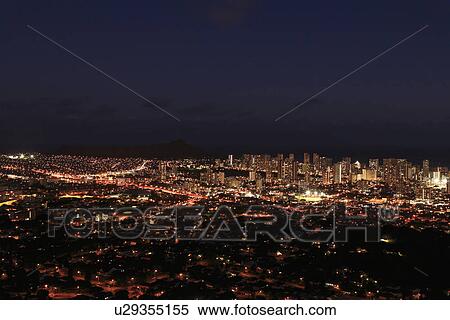 Stock Photography - "Night View From Tantalus Hill, Honolulu, Hawaii, U. S. A. ". Fotosearch