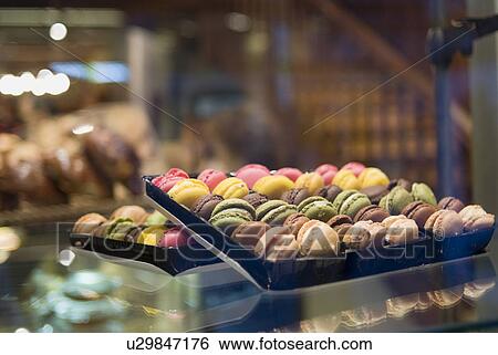 Stock Photograph - Macaroons in Show Window. Fotosearch
