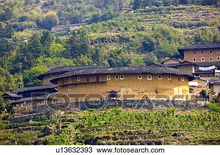 Asia, China, Fujian, Nanjing County, Shuyang Town, Shangban Village, Tianloukeng Tulou Cluster View Large Photo Image Stock Image - Asia, China, Fujian, Nanjing County, Shuyang Town, Shangban Village, Tianloukeng Tulou Cluster. Fotosearch