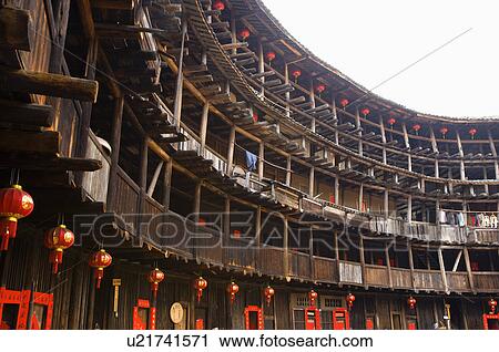 Stock Image - Asia, China, Fujian, Nanjing County, Shuyang Town, Hsiaban Village, Hsiaban Tulou Cluster. Fotosearch