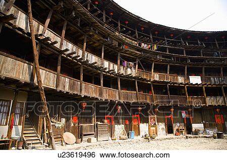 Stock Photograph - Asia, China, Fujian, Nanjing County, Shuyang Town, Hsiaban Village, Hsiaban Tulou Cluster. Fotosearch