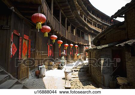 Picture - Asia, China, Fujian, Yongding County, Gaotou Village, Gaobei Village, Gaobei Tulou Cluster. Fotosearch