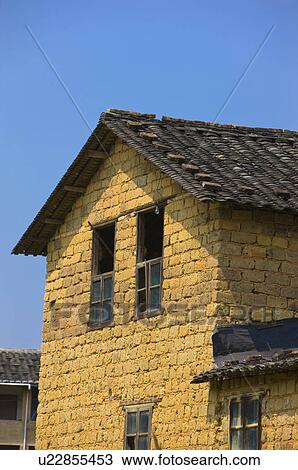Stock Image - Asia, China, Fujian, Yongding County, Hukeng, Hongkeng Village, Hongkeng Tulou Cluster, Cultural Village. Fotosearch