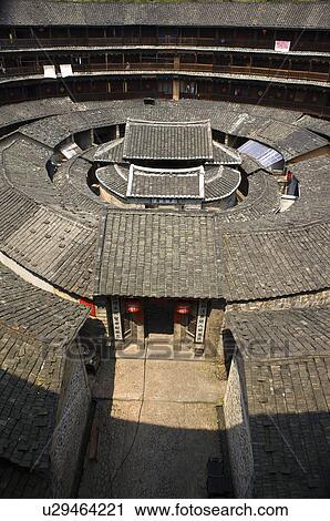 Stock Image - Asia, China, Fujian, Yongding County, Gaotou Village, Gaobei Village, Gaobei Tulou Cluster. Fotosearch