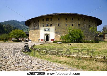 Stock Photo - Asia, China, Fujian, Yongding County, Hukeng, Hongkeng Village, Hongkeng Tulou Cluster, Cultural Village. Fotosearch