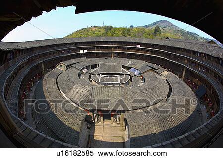 Stock Photography - Asia, China, Fujian, Yongding County, Gaotou Village, Gaobei Village, Gaobei Tulou Cluster. Fotosearch