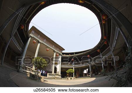Stock Photography - Asia, China, Fujian, Yongding County, Hukeng, Hongkeng Village, Hongkeng Tulou Cluster, Cultural Village. Fotosearch
