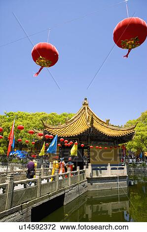 Stock Image - Asia, China, Zhejiang Province, Putuoshan, Puji Temple Scenic Area, Hai Inn Pond. Fotosearch