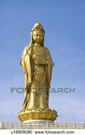 Stock Image - Asia, China, Zhejiang Province, Putuoshan, Purple Bamboo Forest Scenic Area, Statue of Guanyin. Fotosearch