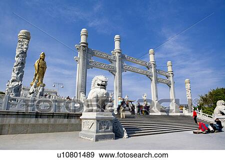 Stock Photo - Asia, China, Zhejiang Province, Putuoshan, Purple Bamboo Forest Scenic Area, Statue of Guanyin. Fotosearch