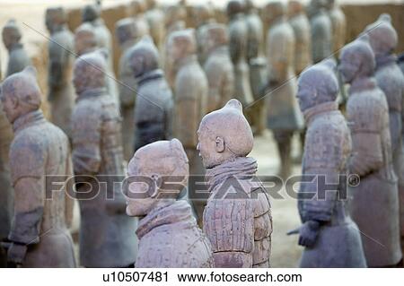 Stock Image - Asia, China, Shanxi, Xi'an, LinTong, Terra-cotta Museum Pit 1, Warrior, UNESCO, World Cultural Heritage. Fotosearch