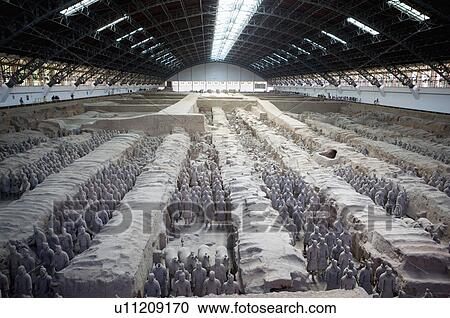 Stock Image - Asia, China, Shanxi, Xi'an, LinTong, Terra-cotta Museum Pit 1, Warrior, UNESCO, World Cultural Heritage. Fotosearch