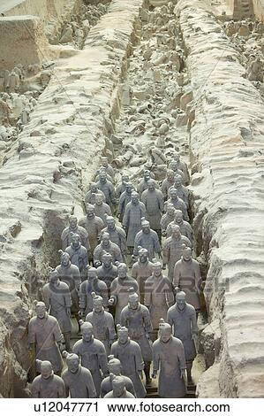 Stock Image - Asia, China, Shanxi, Xi'an, LinTong, Terra-cotta Museum Pit 1, Warrior, UNESCO, World Cultural Heritage. Fotosearch