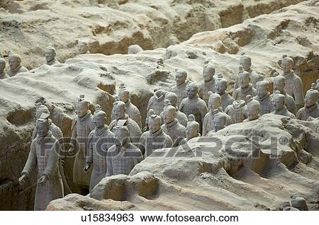 Stock Image - Asia, China, Shanxi, Xi'an, LinTong, Terra-cotta Museum Pit 1, Warrior, UNESCO, World Cultural Heritage. Fotosearch