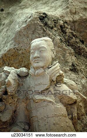 Stock Image - Asia, China, Shanxi, Xi'an, LinTong, Terra-cotta Museum Pit 1, Warrior, UNESCO, World Cultural Heritage. Fotosearch