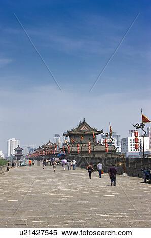 Asia, China, Shanxi, Xi'an, Ancient Wall, South Gate, Watch Tower View Large Photo Image Stock Photography - Asia, China, Shanxi, Xi'an, Ancient Wall, South Gate, Watch Tower. Fotosearch