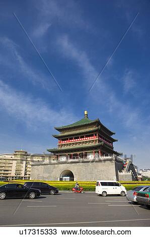 Stock Image - Asia, China, Shanxi, Xi'an, Bell Tower, West Street. Fotosearch