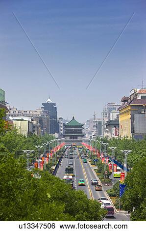 Stock Photograph - Asia, China, Shanxi, Xi'an, Bell Tower, South Street. Fotosearch