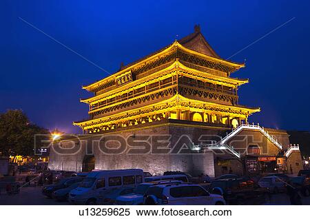 Asia, China, Shanxi, Xi'an, Drum Tower View Large Photo Image Stock Photography - Asia, China, Shanxi, Xi'an, Drum Tower. Fotosearch