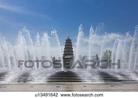 Asia, China, Shanxi, Xi'an, The Big Wild Goose Pagoda, North Square, Music Fountain View Large Photo Image Stock Image - Asia, China, Shanxi, Xi'an, The Big Wild Goose Pagoda, North Square, Music Fountain. Fotosearch