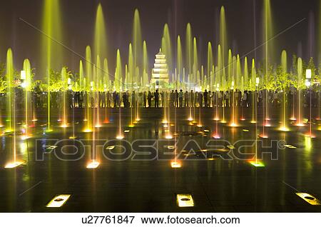 Stock Photo - Asia, China, Shanxi, Xi'an, The Big Wild Goose Pagoda, North Square, Music Fountain. Fotosearch