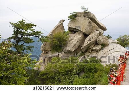 Stock Image - Asia, China, Shanxi, Huayin, Huashan Mountain, West Peak. Fotosearch