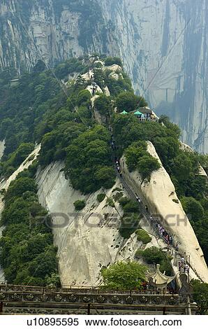 Stock Photography - Asia, China, Shanxi, Huayin, Huashan Mountain, North Peak, The Ear-rubbing Cliff. Fotosearch
