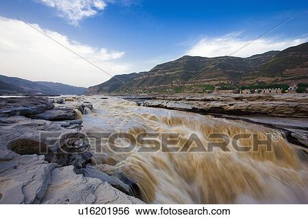 Stock Photograph - Asia, China, Shanxi, Jixian County, Yellow River, Hukou Waterfall. Fotosearch