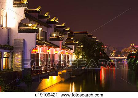Stock Image - Asia, China, Jiangsu Province, Nan Jing, Qinhuai River, Confucius Temple. Fotosearch