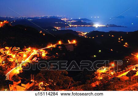 Picture - Cityscape at night, Jioufen, Rueifang, Taipei County, Taiwan. Fotosearch
