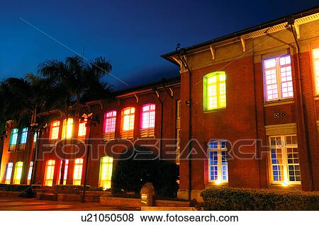 Stock Photo - Museum lit up at night, Museum Of Contemporary Art, Taipei, Taiwan. Fotosearch