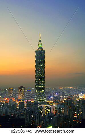 Stock Photography - Skyscraper in a city at night, Taipei 101, Taipei, Taiwan. Fotosearch