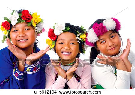 Picture - Portrait of three Taiwanese girls smiling and gesturing, Taiwan. Fotosearch