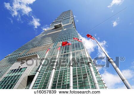 Stock Photo - Taiwanese flags in front of a building, Taipei 101, Taipei, Taiwan. Fotosearch