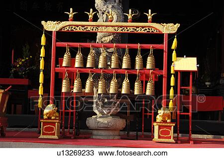 Stock Image - Bells hanging in a temple, Taipei Confucius Temple, Taipei, Taiwan. Fotosearch