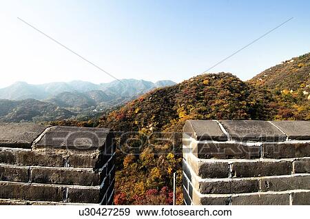 View of a mountain range from a historic wall, Great Wall Of China, China View Large Photo Image Stock Photo - View of a mountain range from a historic wall, Great Wall Of China, China. Fotosearch