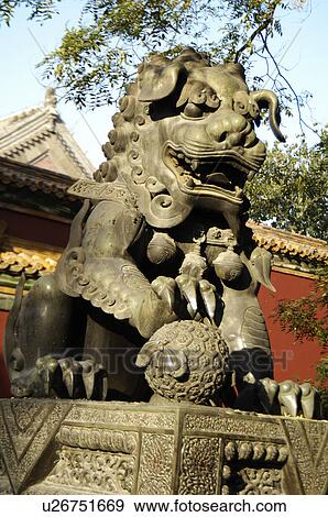 Imperial lion in front of a temple, Beijing, China View Large Photo Image Stock Photo - Imperial lion in front of a temple, Beijing, China. Fotosearch