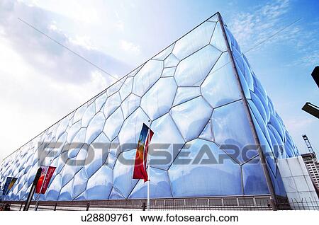 Stock Image - Low angle view of an aquatics Center, Water Cube, Beijing, China. Fotosearch