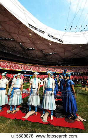 Stock Photo - Mannequins with Chinese costume in a stadium, Beijing, China. Fotosearch