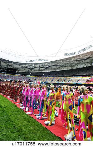 Stock Photo - Mannequins with Chinese costume in a stadium, Beijing, China. Fotosearch
