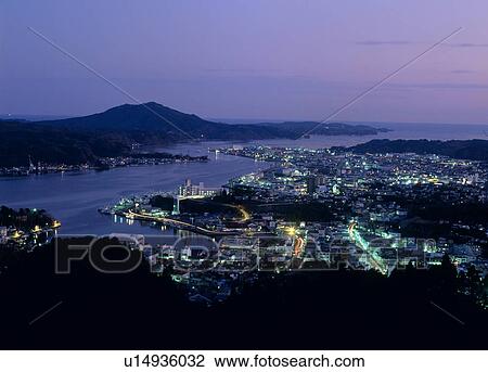 Stock Image - Night View of Kesennuma Port, Kesennuma, Miyagi, Japan. Fotosearch
