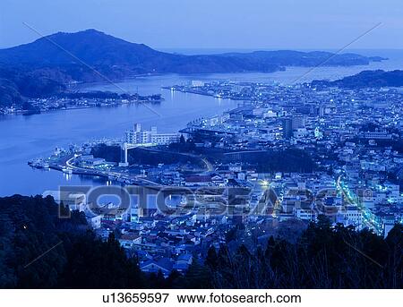 Stock Photo - Night View of Kesennuma Port, Kesennuma, Miyagi, Japan. Fotosearch