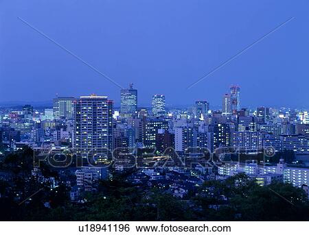 Stock Photograph - Night view of Sendai, Sendai, Miyagi, Japan. Fotosearch