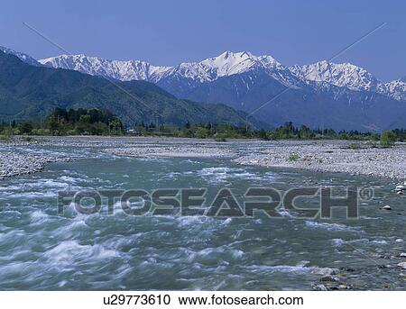 Stock Image - Takase River, Omachi, Nagano, Japan. Fotosearch