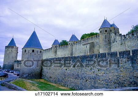 France, Languedoc, Carcassonne, Castle walls illuminated at night View Large Photo Image Picture - France, Languedoc, Carcassonne, Castle walls illuminated at night. Fotosearch