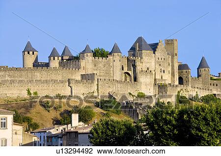 Stock Image - France, Languedoc, Carcassonne, Castle walls. Fotosearch