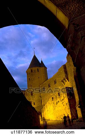 France, Languedoc, Carcassonne, Castle walls illuminated at night View Large Photo Image Stock Photograph - France, Languedoc, Carcassonne, Castle walls illuminated at night. Fotosearch
