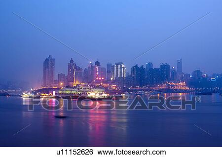 Stock Photograph - China, Chongqing, Convergence of Two Rivers, Chaotianmen Pier. Fotosearch