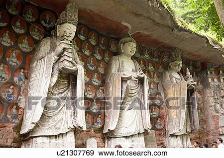 Stone Carving of Three Saints of the Avatamsaka School, The Dazu Rock Carvings, Chongqing, China View Large Photo Image Stock Photo - Stone Carving of Three Saints of the Avatamsaka School, The Dazu Rock Carvings, Chongqing, China. Fotosearch
