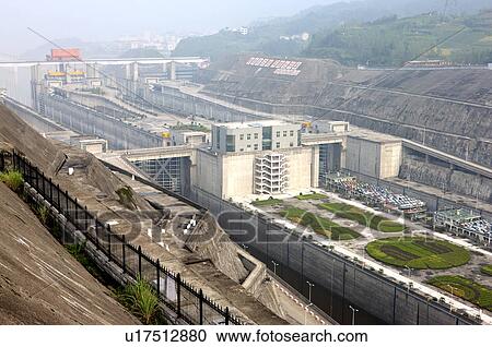 Stock Image - China, Yangtze River, Three Gorges, Three Gorges Dam. Fotosearch